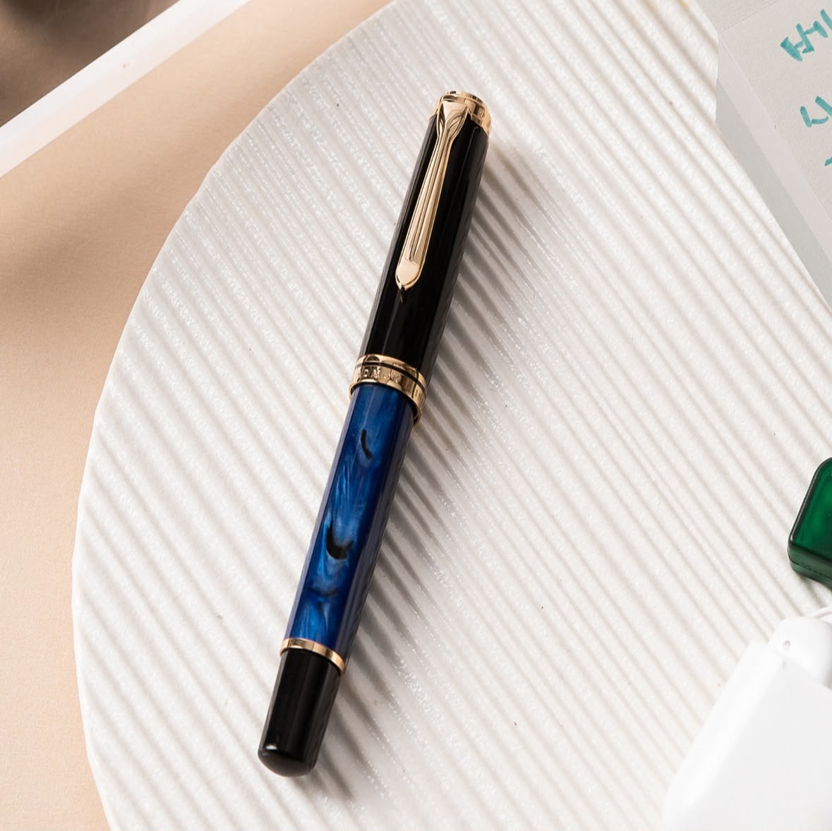 ADMOK M800 Piston Fountain Pen with #6 Nib, Blue Black Body, Gold Trim with Smooth Nib