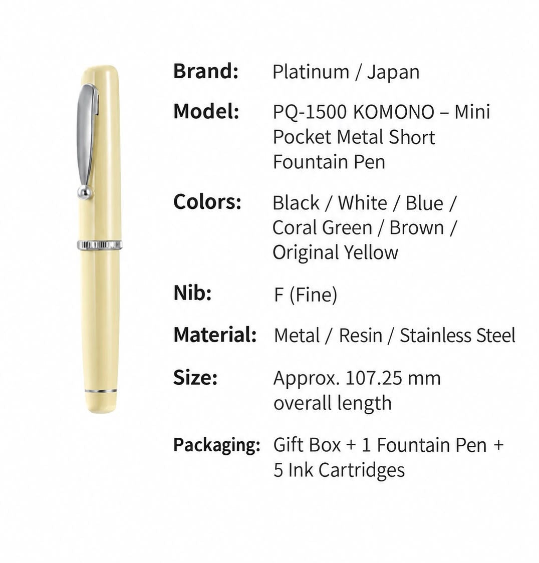 Platinum Komono PQ-1500 Pocket Fountain Pen – Fine Nib, Compact Body, Snap Cap