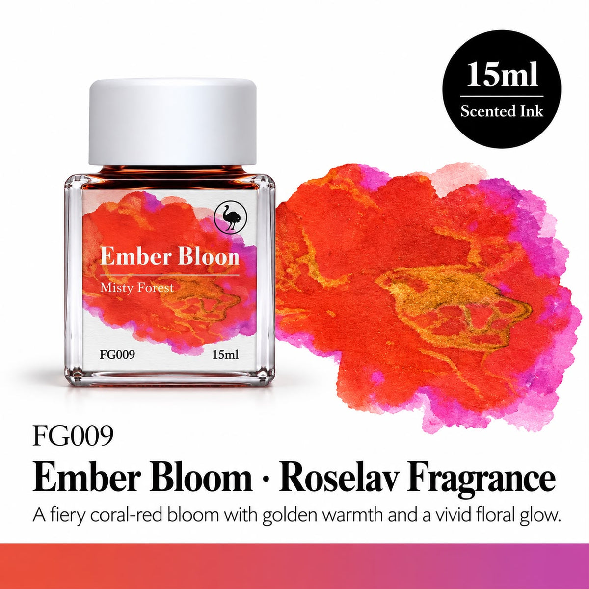 Ostrich Ember Bloom 15ml Scented Fountain Pen Ink – Shading/Sheen Ink with Rose Lavender Fragrance
