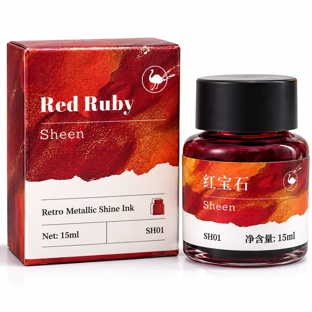 Ostrich Red Ruby Sheen Fountain Pen Ink 15ml – Ruby Red with Golden Orange Metallic Sheen Ink