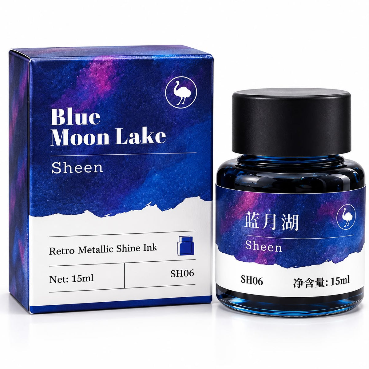 Ostrich Blue Moon Lake Sheen Fountain Pen Ink 15ml – Deep Blue with Purple Pink Metallic Sheen Ink