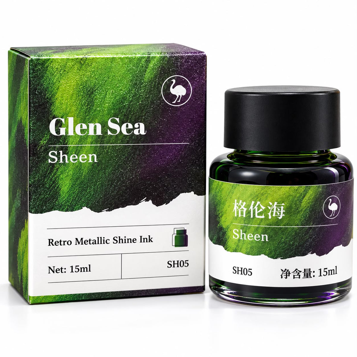 Ostrich Glen Sea Sheen Fountain Pen Ink 15ml – Green with Purple Metallic Sheen Ink