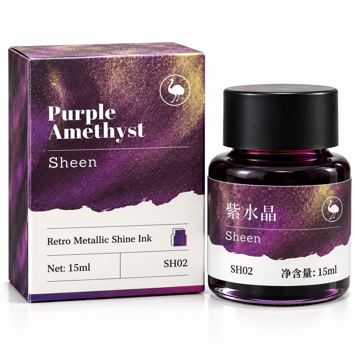 Ostrich Purple Amethyst Sheen Fountain Pen Ink 15ml – Purple with Golden Metallic Sheen Ink