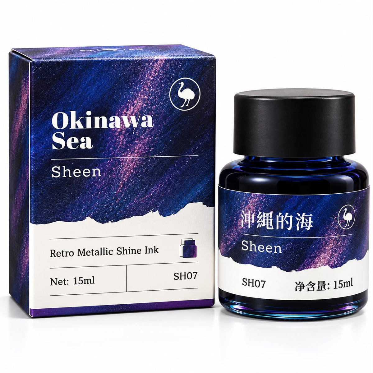 Ostrich Okinawa Sea Sheen Fountain Pen Ink 15ml – Deep Blue with Purple Pink Metallic Sheen Ink