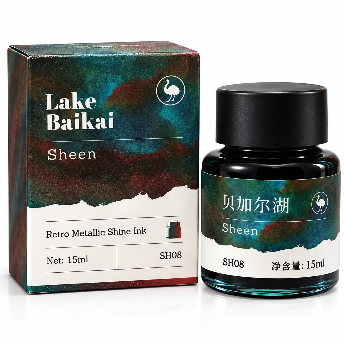Ostrich Lake Baikal Sheen Fountain Pen Ink 15ml – Teal Green with Reddish Brown Metallic Sheen Ink