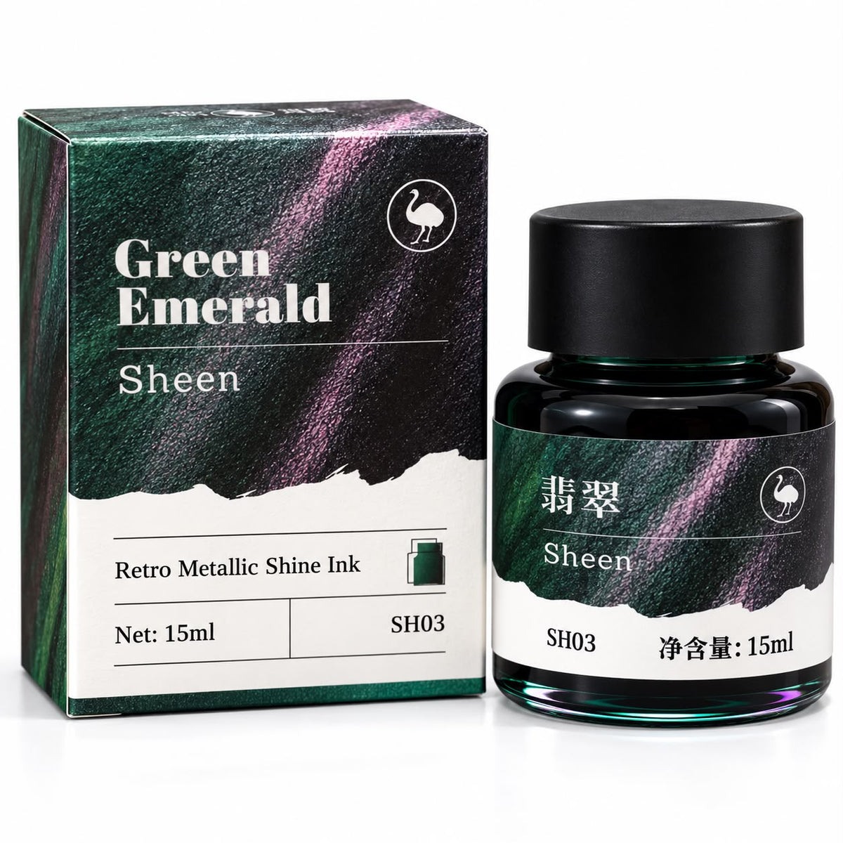 Ostrich Green Emerald Sheen Fountain Pen Ink 15ml – Emerald Green with Pink Purple Metallic Sheen Ink