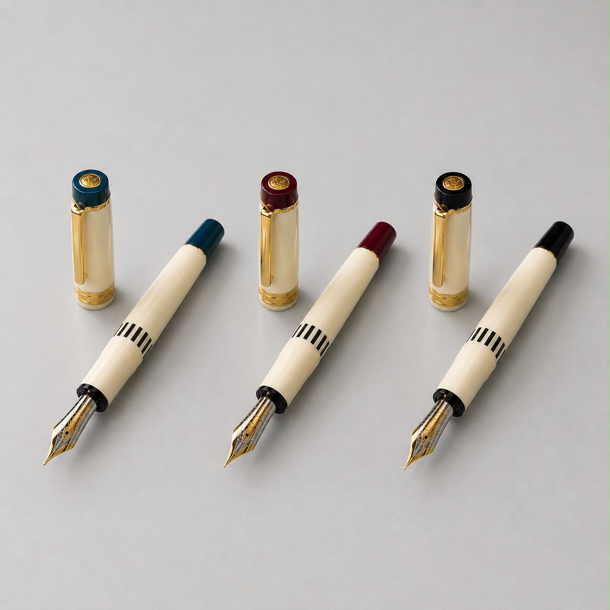 Wing Sung 630 Ivory White, Flat Top Acrylic Fountain Pen, Gold Trim, Piston Filling System