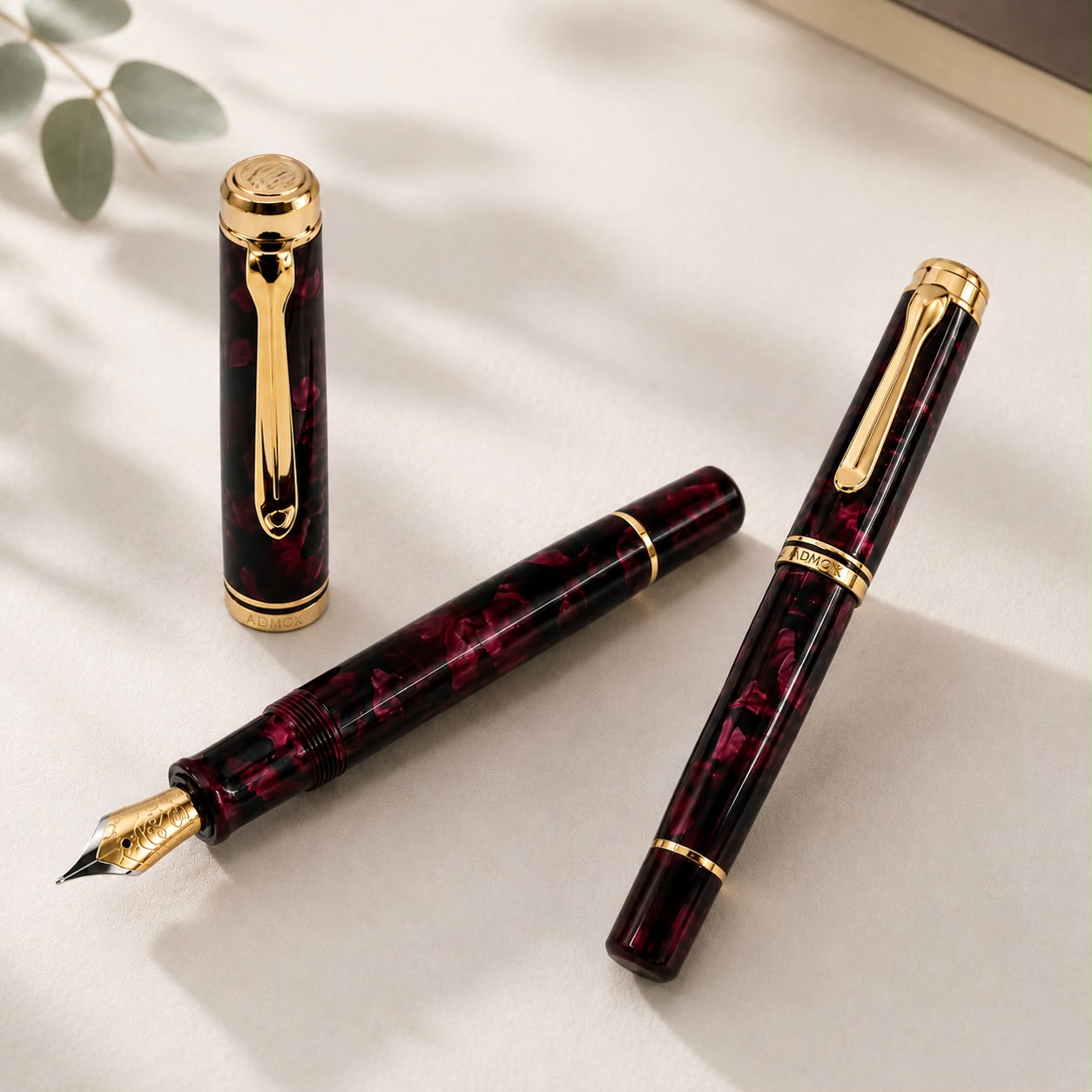 ADMOK M800 Piston Fountain Pen with #6 Nib, Burgundy Black Marbled Body, Gold Trim