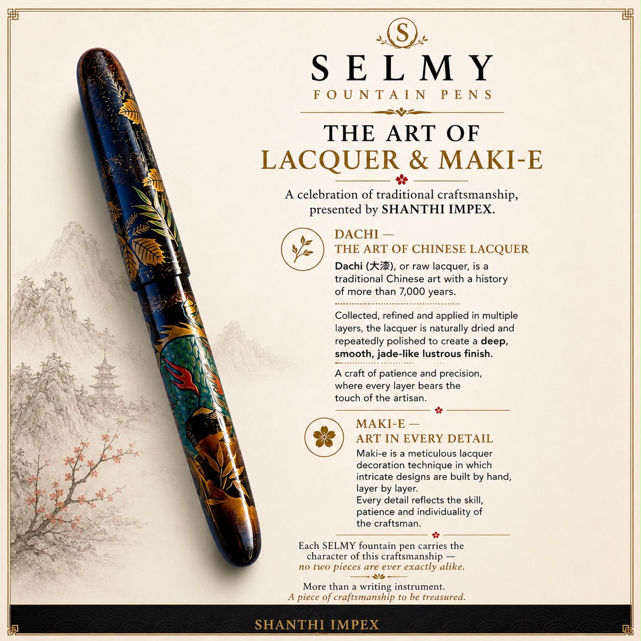 SELMY Kylin Handcrafted Natural Raw Lacquer Maki-e Fountain Pen – No.30 Ebonite Body with Lacquered Bock Feed, Traditional Artisan Crafted