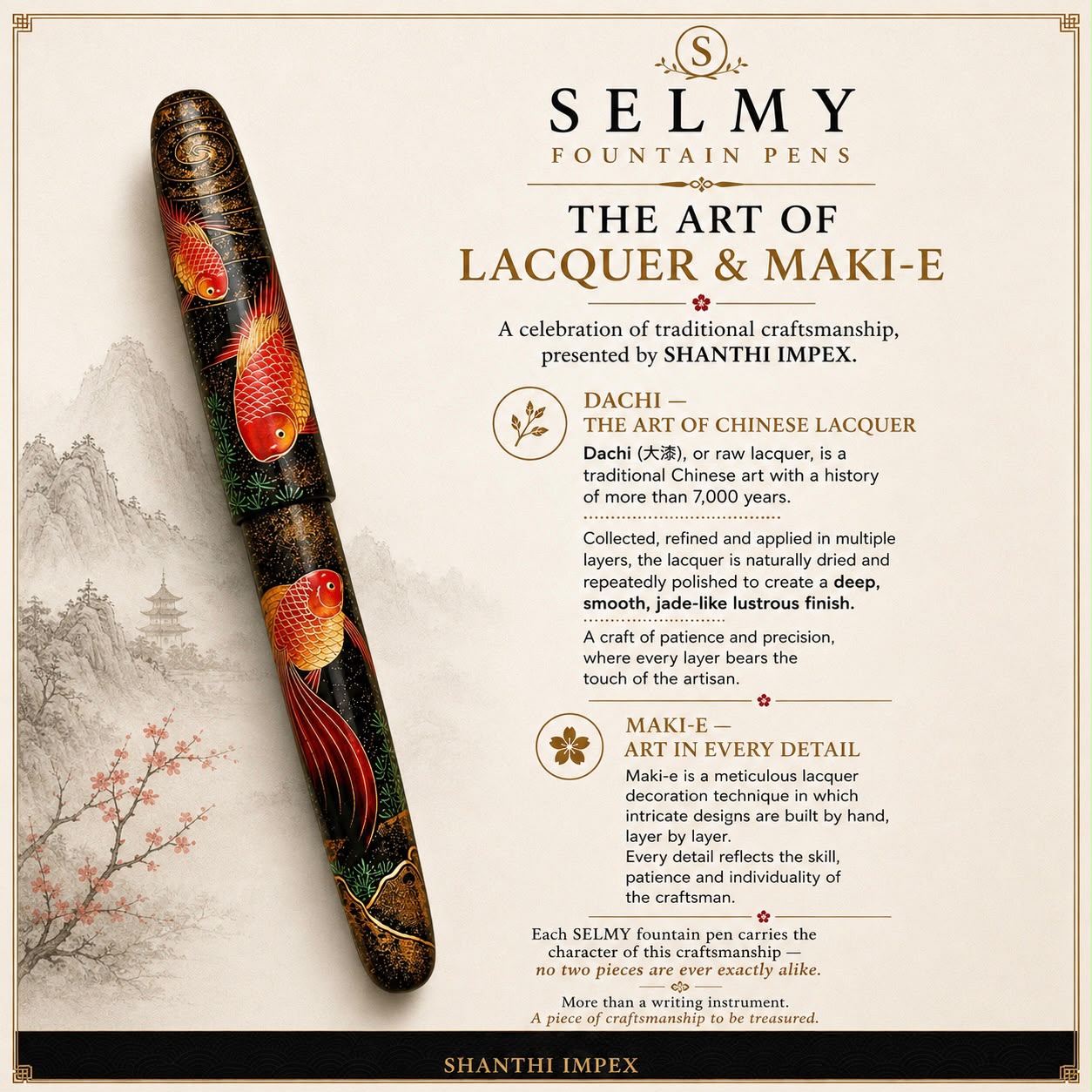 SELMY GoldFish Handcrafted Natural Raw Lacquer Maki-e Fountain Pen – No.30 Ebonite Body with Lacquered Bock Feed, Traditional Artisan Crafted