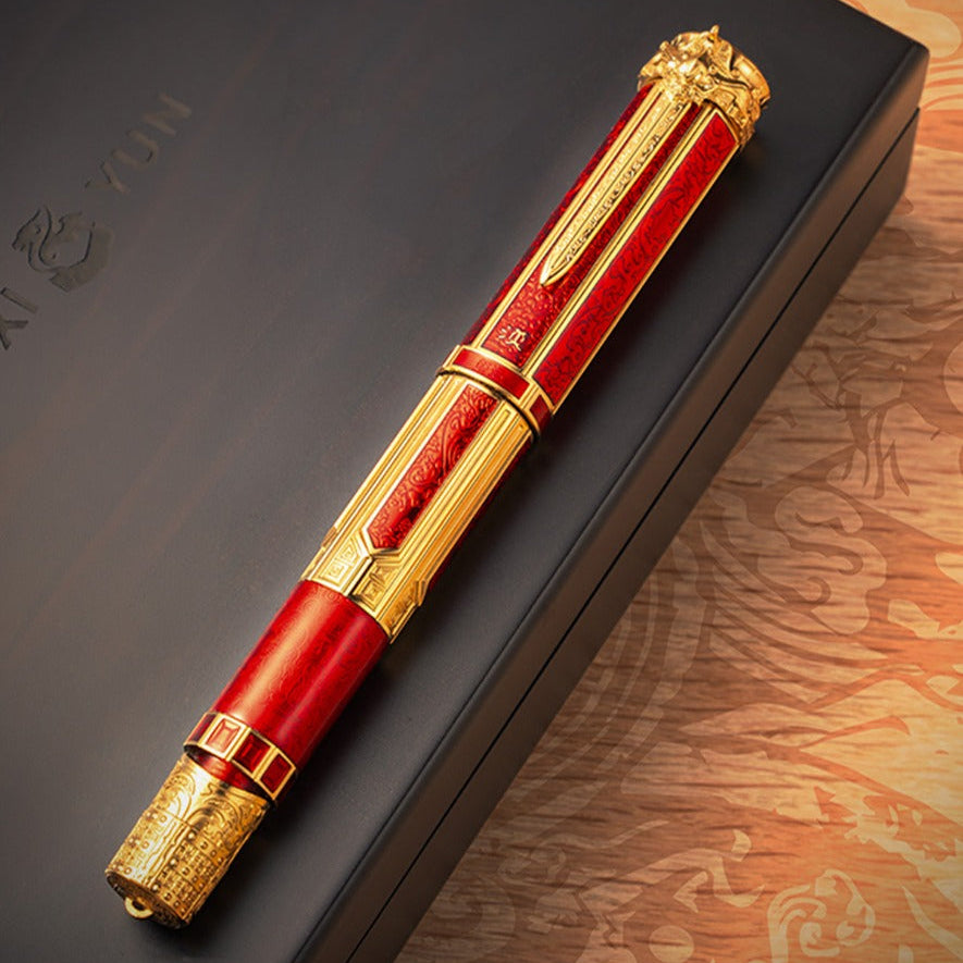 Xi Yun D6 Piston Filler Fountain Pen – Brass Body, Red Enamel Inlay, Gold-Tone Finish, EF/F Nib