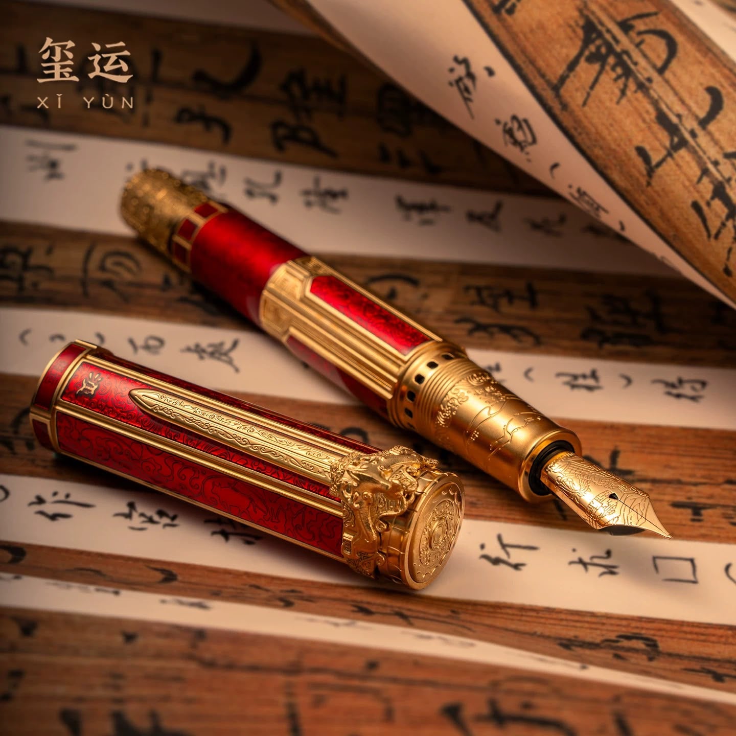 Xi Yun D6 Piston Filler Fountain Pen – Brass Body, Red Enamel Inlay, Gold-Tone Finish, EF/F Nib