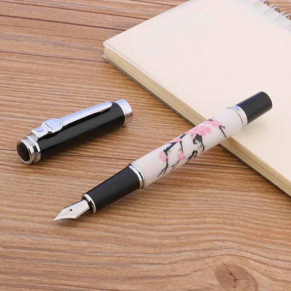 Jinhao 8802 Fountain Pen, Cherry Blossom Painting, Medium Nib, Elegant Writing Pen