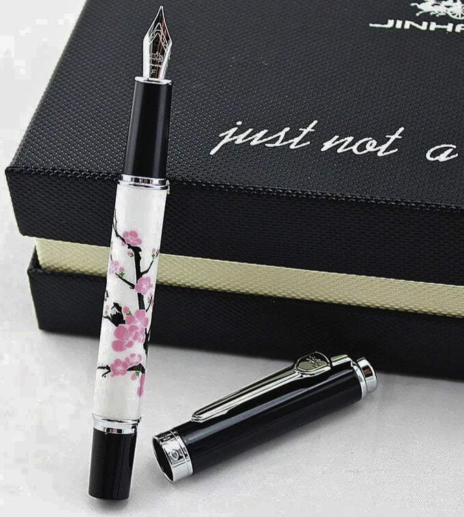 Jinhao 8802 Fountain Pen, Cherry Blossom Painting, Medium Nib, Elegant Writing Pen