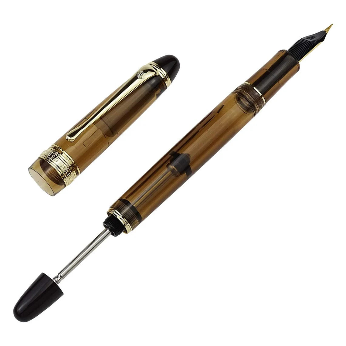 Wing Sung 699 Transparent Brown Vacuum Filler Fountain Pen – Smooth M Nib, Large Ink Capacity, Demonstrator Body, Gold Trim