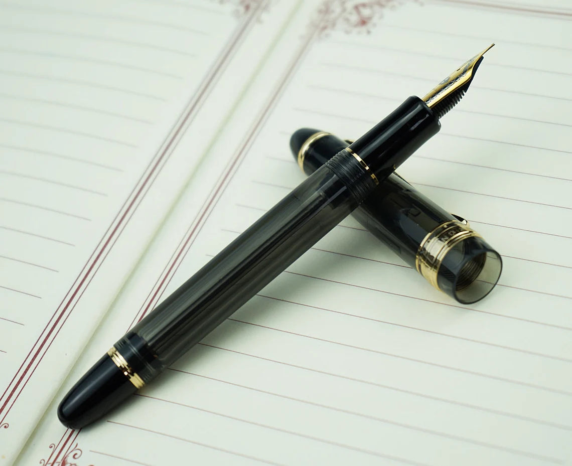 Wing Sung 699 Vacuum Filling Fountain Pen – Medium Steel Nib, Translucent Black Acrylic with Gold Clip