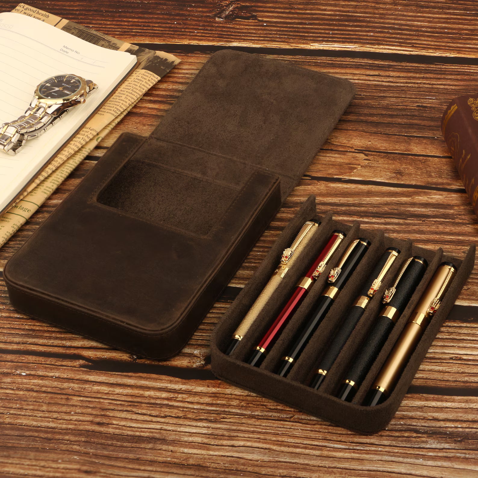 Moonman Leather 6 Slots Pen Case with Removable Pen Tray – Dust-proof Storage & Protection Box
