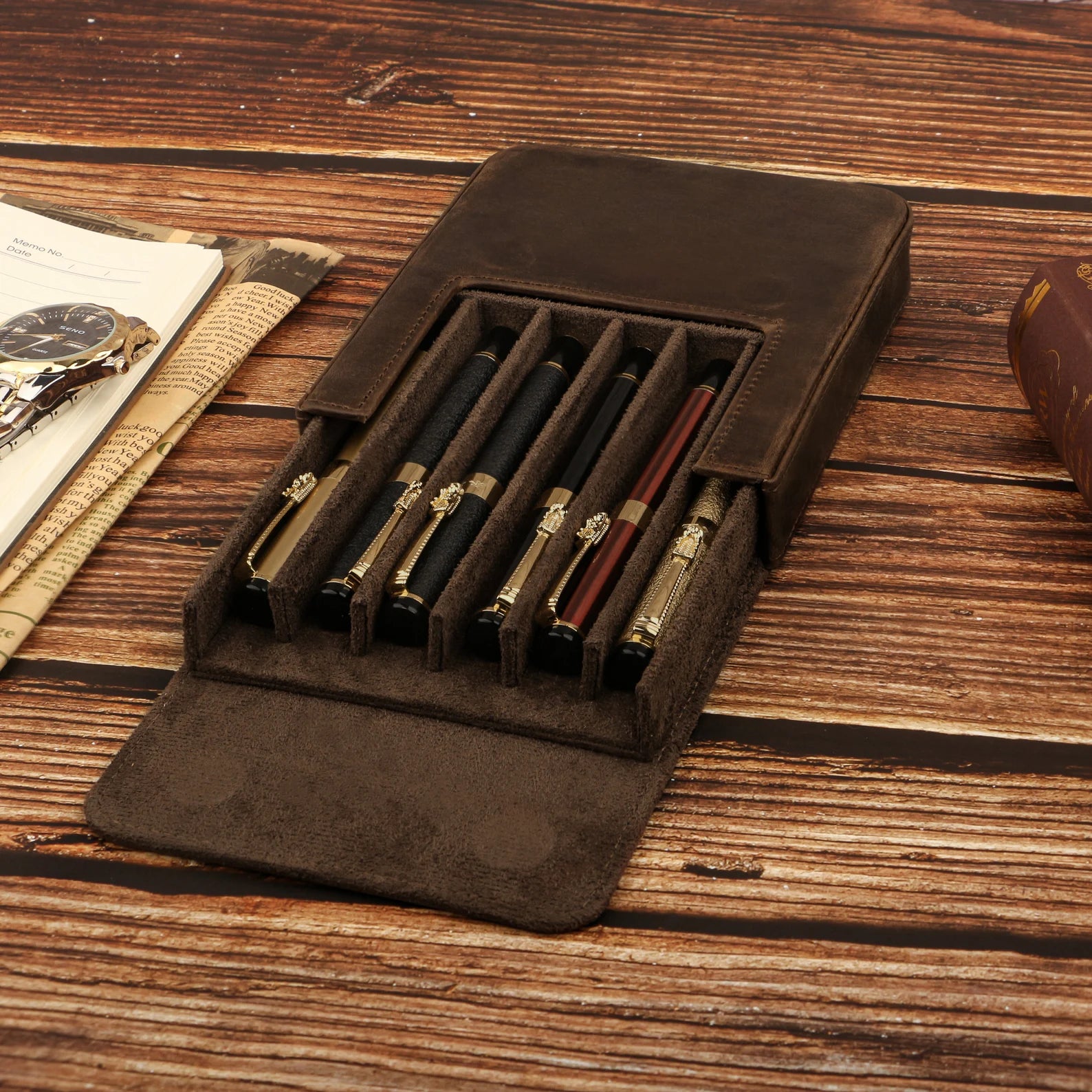 Moonman Leather 6 Slots Pen Case with Removable Pen Tray – Dust-proof Storage & Protection Box