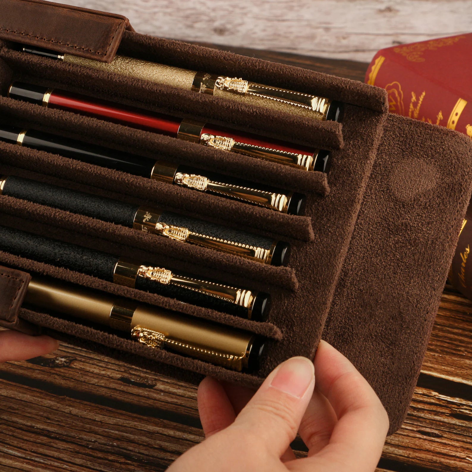 Moonman Leather 6 Slots Pen Case with Removable Pen Tray – Dust-proof Storage & Protection Box
