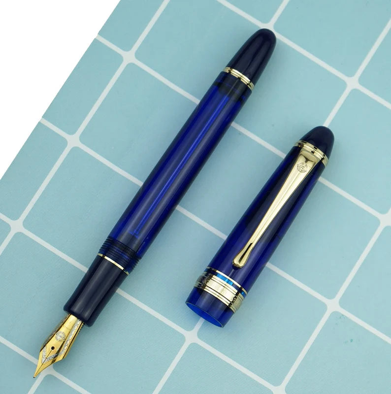 Wing Sung 699 Vacuum Filling Fountain Pen – Extra Fine Dual-Tone Nib, Translucent Blue Acrylic with Gold Clip