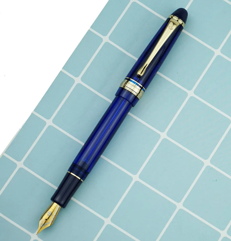 Wing Sung 699 Vacuum Filling Fountain Pen – Extra Fine Dual-Tone Nib, Translucent Blue Acrylic with Gold Clip