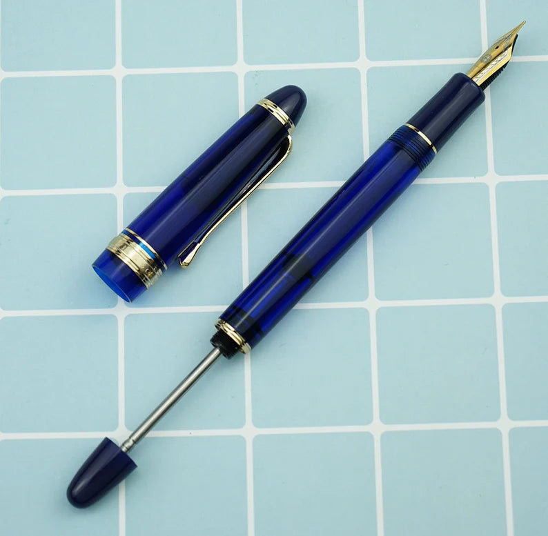 Wing Sung 699 Vacuum Filling Fountain Pen – Extra Fine Dual-Tone Nib, Translucent Blue Acrylic with Gold Clip