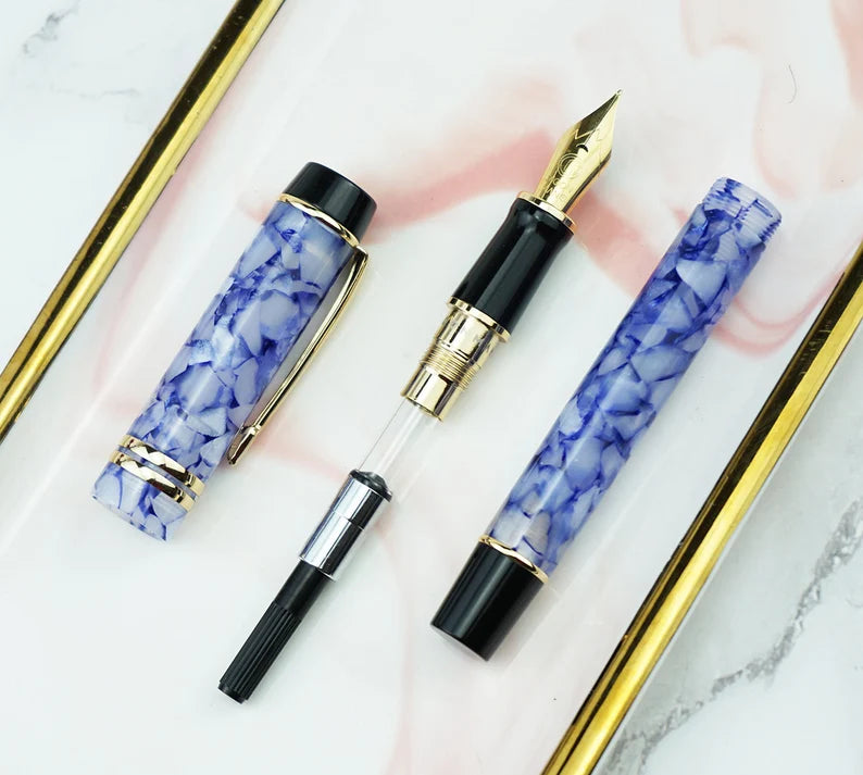 Moonman M600S Crystal Blue Fountain Pen – Medium Iridium Nib, Golden Trim, Elegant Writing Gift