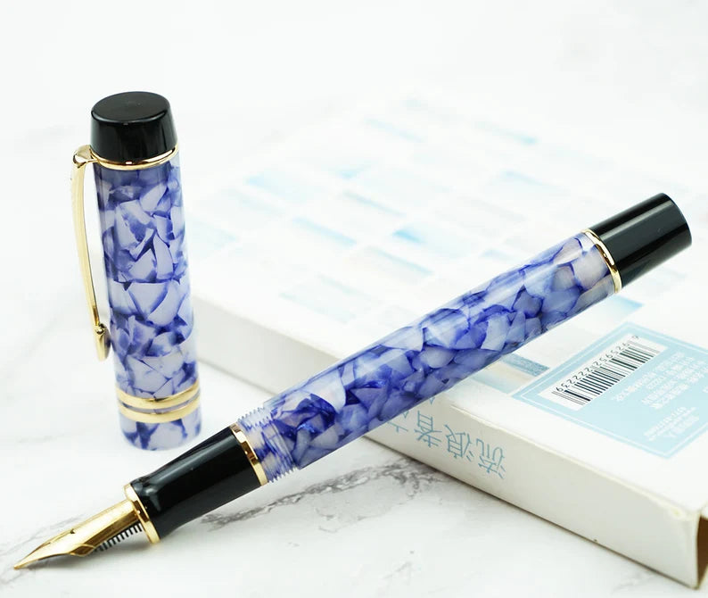 Moonman M600S Crystal Blue Fountain Pen – Medium Iridium Nib, Golden Trim, Elegant Writing Gift
