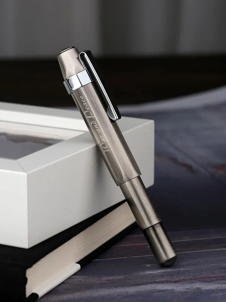 Delike Vintage Solid Steel Fountain Pen – Compact Travel Pocket Pen with Fine & Bent Nib Options, Rotating Ink Cartridge System