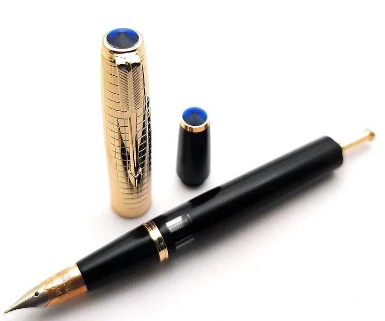 Wing Sung 601A Black Vacumatic Fountain Pen with Golden Cap – 0.5mm Fine Nib, Ink Window, Resin Body, Push Cap, Gift Box (No Ink)