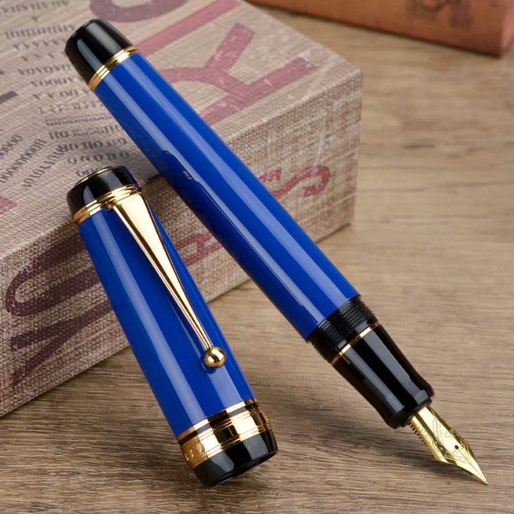 Jinhao Blue Fountain Pen - Fine Nib, Oversized Metal Body, Gold Trim & Clip