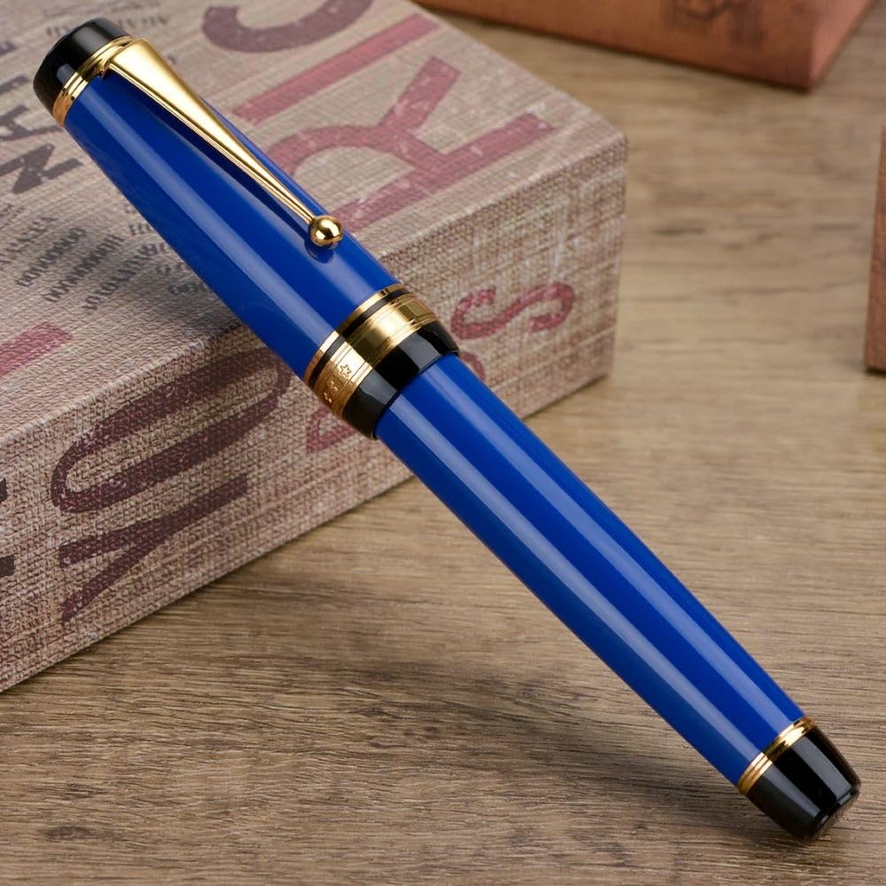 Jinhao Blue Fountain Pen - Fine Nib, Oversized Metal Body, Gold Trim & Clip