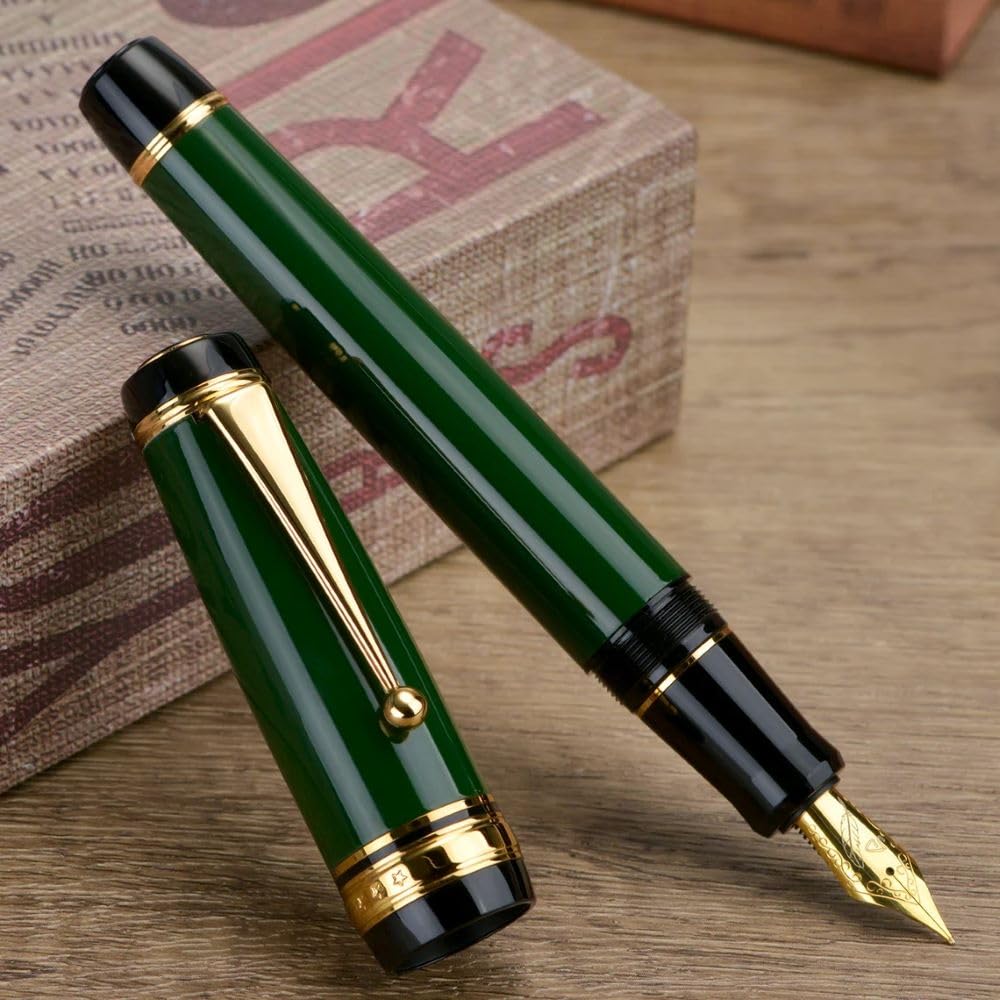 Jinhao Forest Green Fountain Pen - Fine Nib, Oversized Metal Body, Gold Trim & Clip