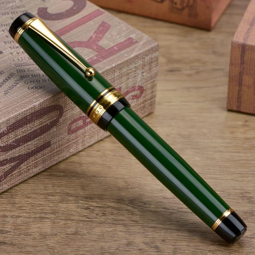 Jinhao Forest Green Fountain Pen - Fine Nib, Oversized Metal Body, Gold Trim & Clip