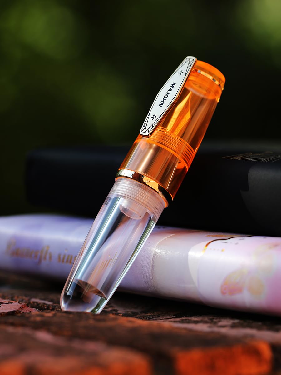 MAJOHN Q3 Mini Eyedropper Fountain Pen, Transparent Resin Short Pocket Pen, Iridium Fine Nib Large Capacity Writing Pen Case Set (Orange)