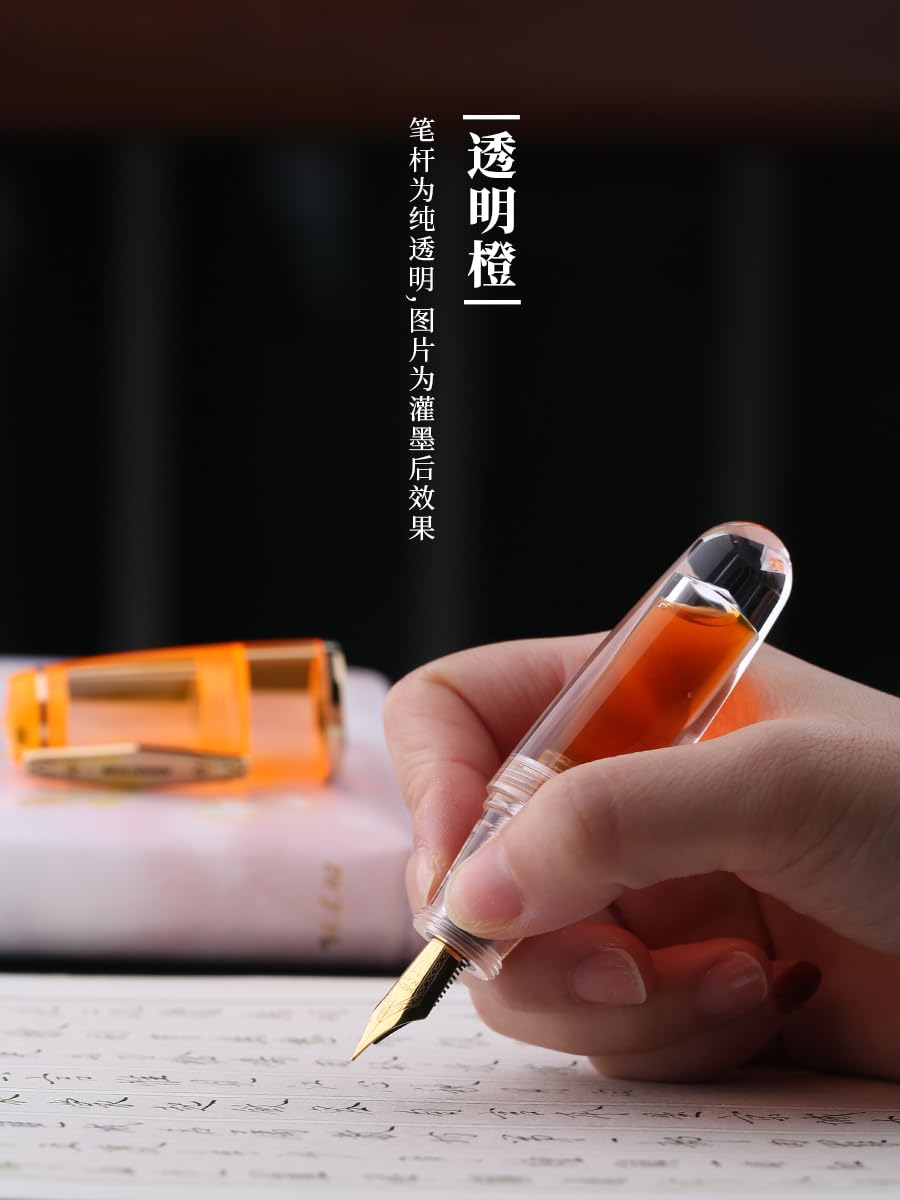 MAJOHN Q3 Mini Eyedropper Fountain Pen, Transparent Resin Short Pocket Pen, Iridium Fine Nib Large Capacity Writing Pen Case Set (Orange)