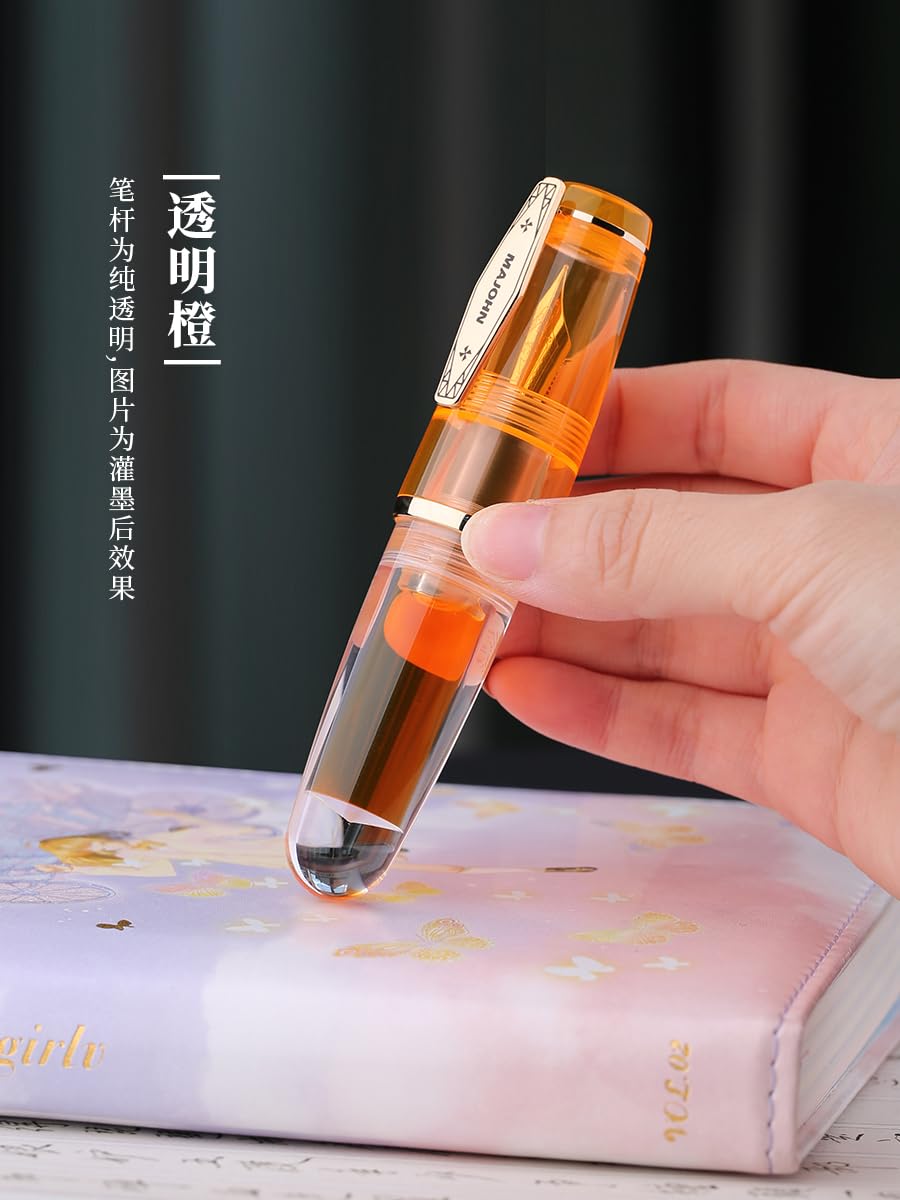 MAJOHN Q3 Mini Eyedropper Fountain Pen, Transparent Resin Short Pocket Pen, Iridium Fine Nib Large Capacity Writing Pen Case Set (Orange)