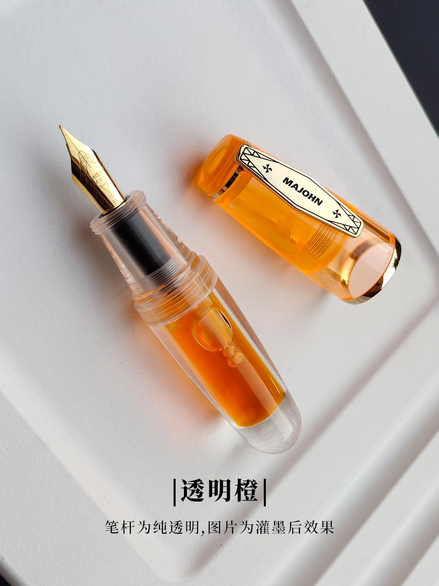 MAJOHN Q3 Mini Eyedropper Fountain Pen, Transparent Resin Short Pocket Pen, Iridium Fine Nib Large Capacity Writing Pen Case Set (Orange)