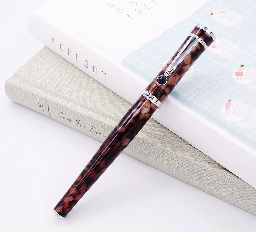 Fuliwen 2307 Resin Fountain Pen – Marble Body, Silver Trim, Smooth M Nib, Converter System