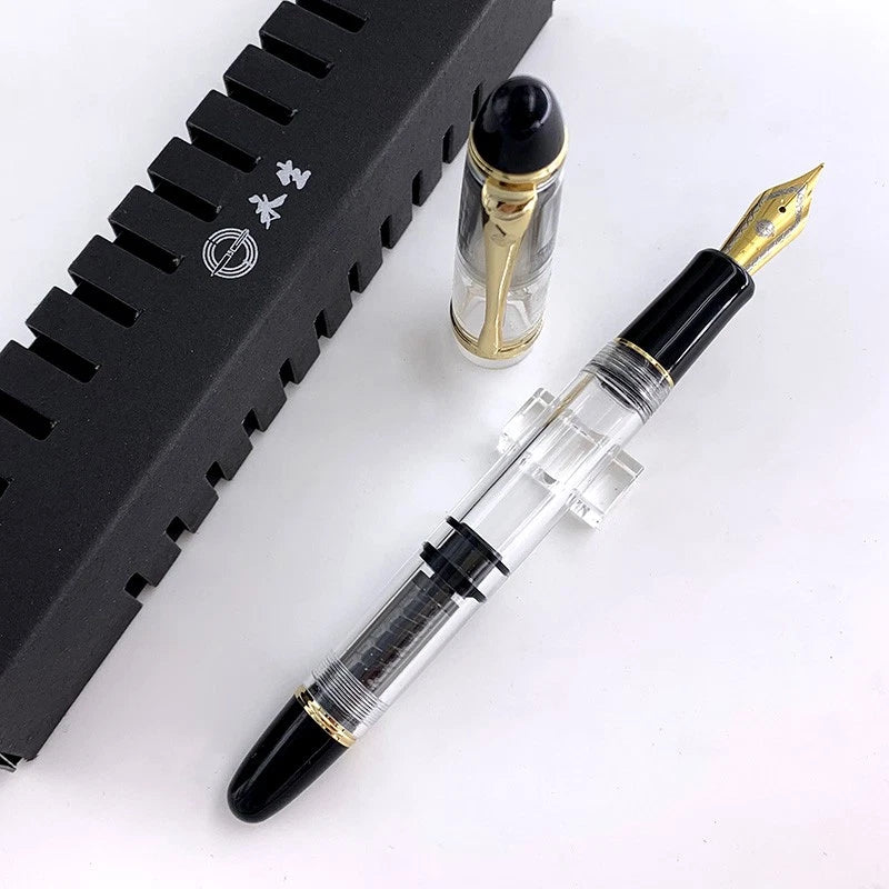Wing Sung 699 Transparent Demonstrator Fountain Pen – Smooth M Nib, Piston Filler, Large Ink Capacity, Black & Gold Trim
