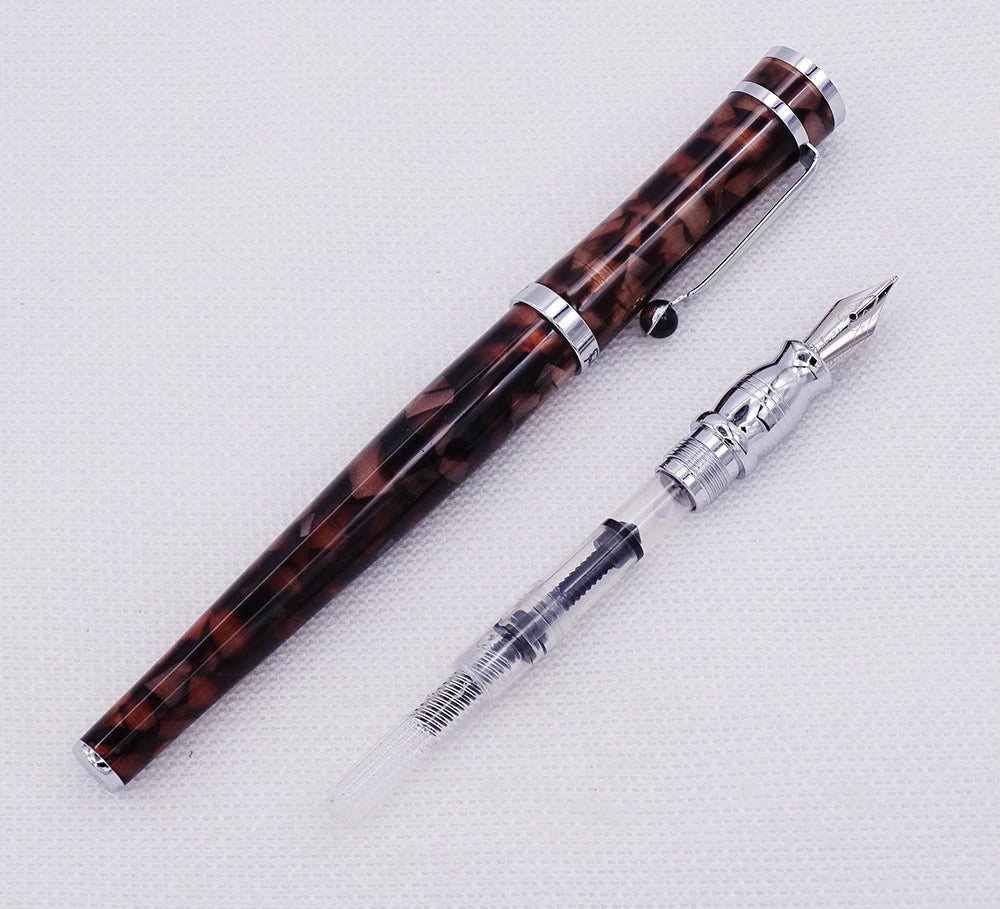 Fuliwen 2307 Resin Fountain Pen – Marble Body, Silver Trim, Smooth M Nib, Converter System