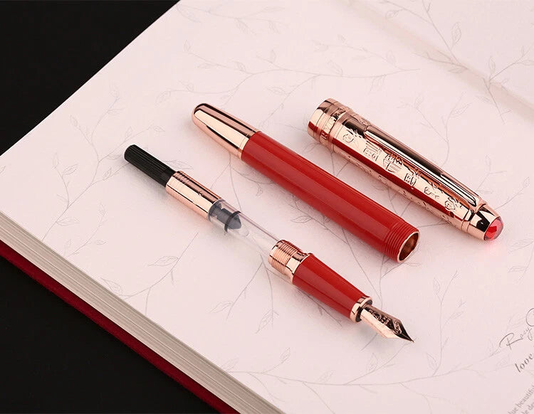 Moonman P135 Coral Red “Blessing” Limited Edition Fountain Pen – Extra Fine Rose Gold Nib, Resin Body, Metal Cap with Ruby Red Top