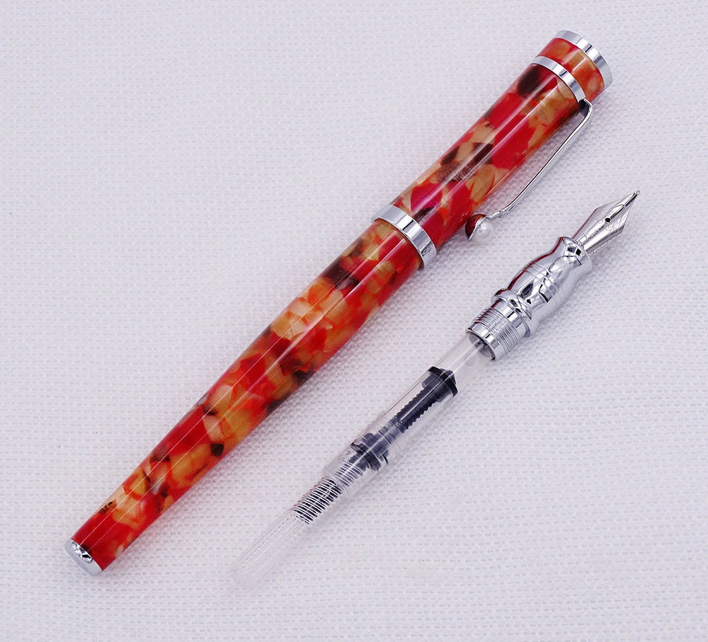 Fuliwen 2307 Resin Fountain Pen – Marble Body, Silver Trim, Smooth M Nib, Converter System