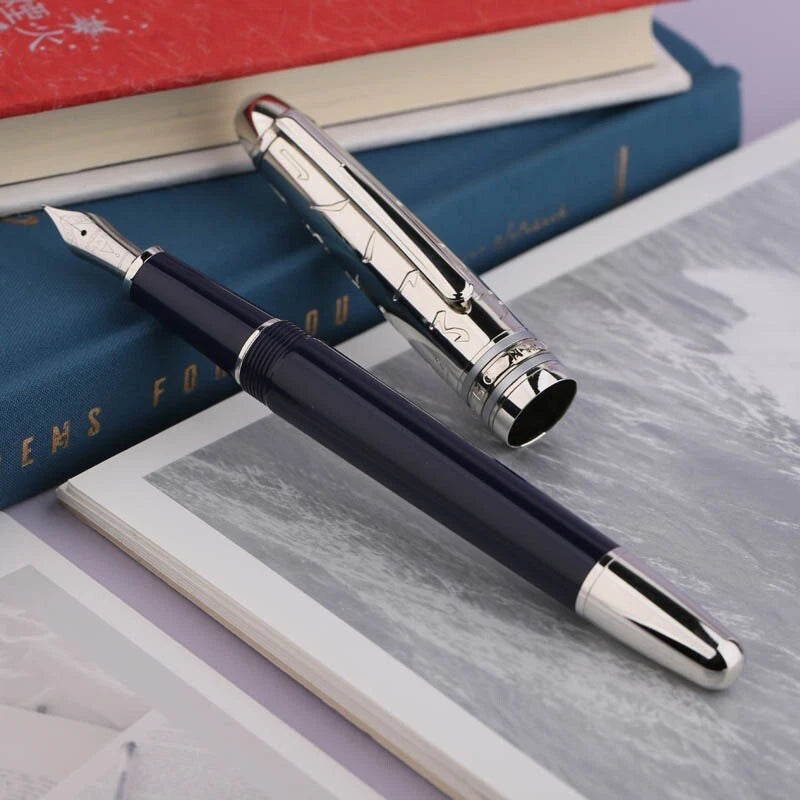 Moonman P135-115x Antique Metal Fountain Pen (Blue) with Fine Nib & 20ml Black Ink Bottle – Elegant Collectible Writing Set
