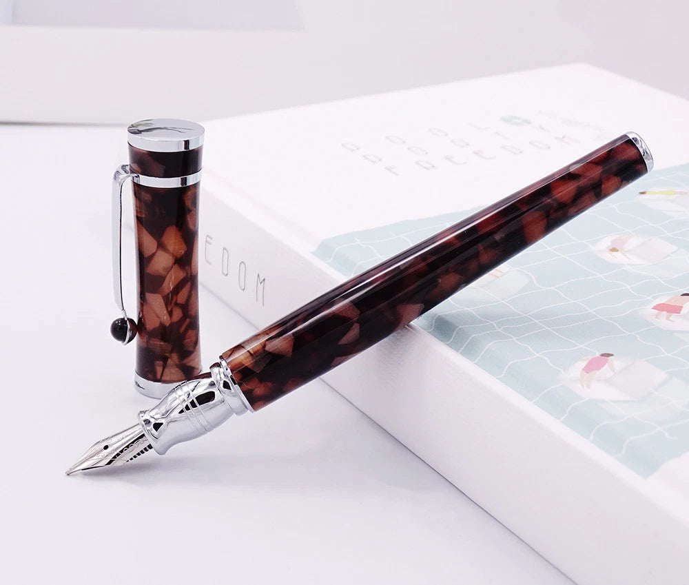 Fuliwen 2307 Resin Fountain Pen – Marble Body, Silver Trim, Smooth M Nib, Converter System