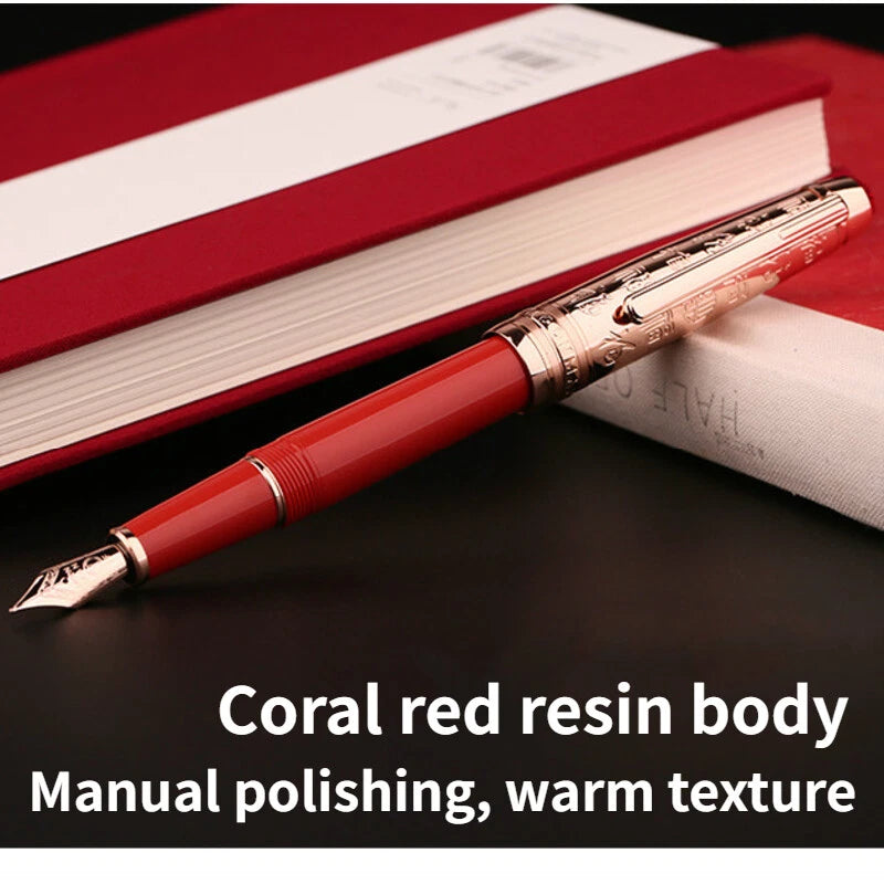 Moonman P135 Coral Red “Blessing” Limited Edition Fountain Pen – Extra Fine Rose Gold Nib, Resin Body, Metal Cap with Ruby Red Top