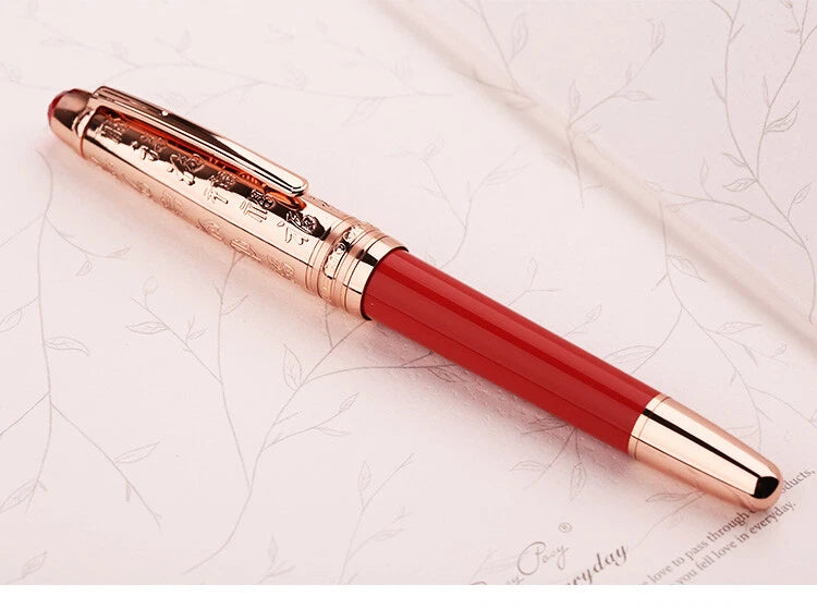 Moonman P135 Coral Red “Blessing” Limited Edition Fountain Pen – Extra Fine Rose Gold Nib, Resin Body, Metal Cap with Ruby Red Top