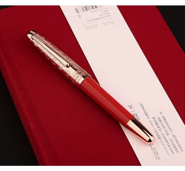 Moonman P135 Coral Red “Blessing” Limited Edition Fountain Pen – Extra Fine Rose Gold Nib, Resin Body, Metal Cap with Ruby Red Top