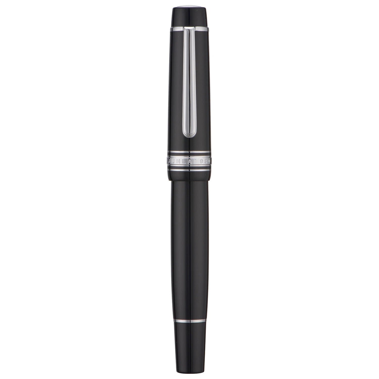 WingSung Junlai 930 Acrylic Fountain Pen – Flat Top Design with Piston Filling System, Size #9 Iridium Nib in Fine, Medium & Broad – Piano Black Fence Ink Tank with Silver Trim (No Ink)