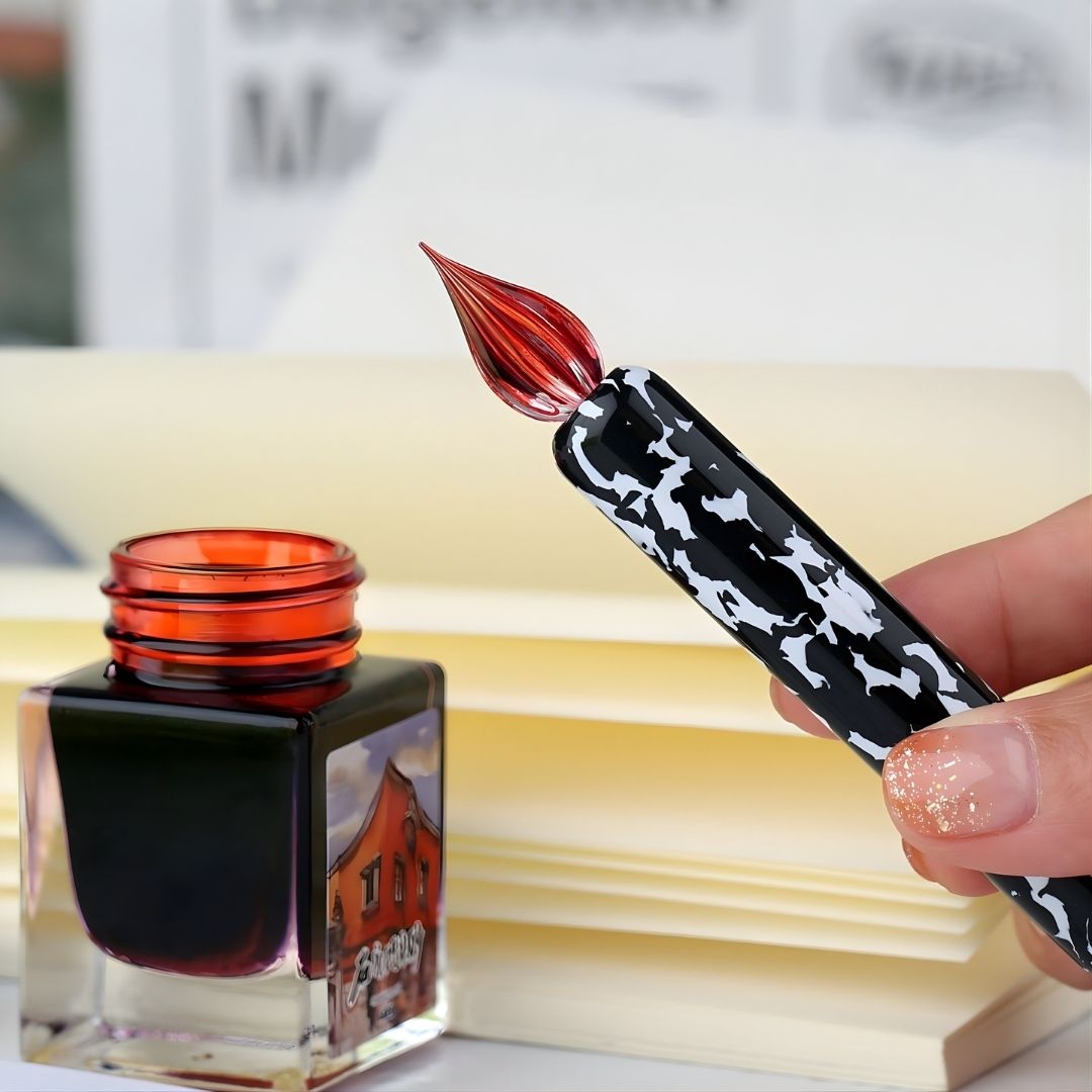 MAJOHN Cow Printed Resin Dip Pen – Fine 0.5mm Glass Nib, Handmade Artistic Calligraphy Pen